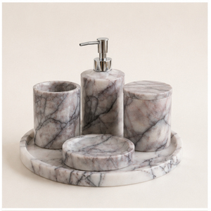 Luxury 5-Piece Natural Marble Bathroom Accessories Set Elegant Handmade White Stone Soap Dispenser <b>Toothbrush</b> <b>Holder</b> For Hotel - Product Image 2