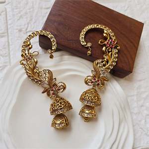 Geometric Rhinestone Cuff Earrings for Wedding-Gold Plated Stainless Steel Brass Zircon Pearl Oxidized Polish Finish Nova Mart - Product Image 1