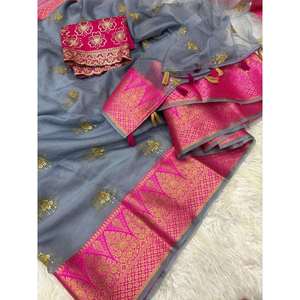RICH LOOK ORGANZA SEQUENCE GOLDEN ZARI WORK SAREE WITH UNSTITCHED BLOUSE GREY - Product Image 1