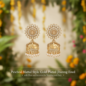 Peacock Mattal Style Gold Plated Jhumka Earrings with Pearl and Diamond Accents for Wedding and Party - Product Image 3