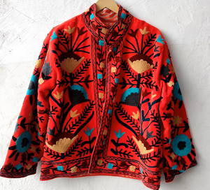 Deep Red Embroidered Leather <b>Jacket</b> Ladies Reversible Autumn Coat Floral Suzani Embroidery Quilted Bomber Stand Embossed Cotton - Product Image 2