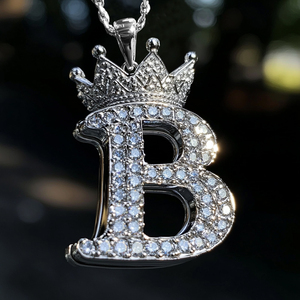 Collier pendentif lettre B plaqué or style Hip Hop, micro-pavé de zircone, avec chaîne corde couronne - Product Image 4
