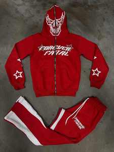 2026 Custom Forever Fatal <b>Red</b> Hooded <b>Tracksuit</b> Set For <b>Boys</b> Streetwear Full Zip Sweatshirt And Pants With Skull Print And Stars - Product Image 1