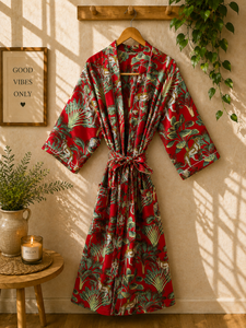 Floral Cotton V-neck Drawstring Closure Breathable <b>Kimono</b> <b>Women</b> Boho Robe Printed Beach Cover Lightweight Resort Wear Indian - Product Image 2