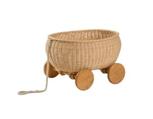 Handwoven Rattan Toy Storage Cart with Wooden Wheels, Wicker <b>Pull</b> Wagon Basket for Kids Toys, Nursery Organizer & Baby Room - Product Image 1