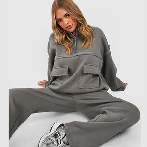 <b>womens</b> grey <b>half</b> <b>zip</b> chest pocket <b>sweatshirt</b> and wide leg jogger pants tracksuit set activewear outfit - Product Image 3