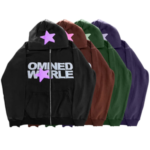 Sudadera con capucha y cremallera Omined World Star Print para hombre, estilo oversize, de forro polar, streetwear, negra con logo morado frontal - Product Image 2