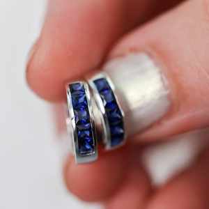Sapphire Princess Cut Hoop Earrings Channel Set Sapphire <b>Huggies</b> Womens Fine Jewelry Custom Gifts For Her - Product Image 6