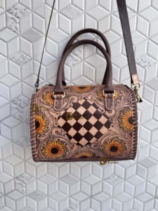 New <b>Unique</b> Designer Hand Tooled Carving Leather Speedy Handbag Gypsy Boho Floral Chess Pattern Western Stylish Women Uses Ba - Product Image 3