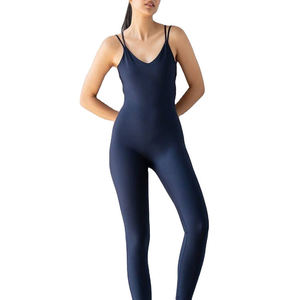 Women's Navy BlueStrap <b>Jumpsuit</b> High Waist Full Length Skinny Fit V-Neck Solid Color Quick Dry Yoga Wear - Product Image 1