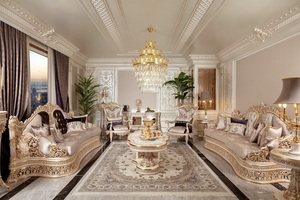 Ensemble de canapés Chesterfield en teck massif de luxe royal, style moderne du milieu du siècle, 8 places, table basse en velours sculpté doré, console - Product Image 2