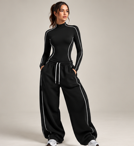 Conjunto Deportivo de Body para Mujer con Ribete Reflectante, Manga Larga, Cuello Alto y Pantalones Anchos, Ropa Deportiva OEM ODM - Product Image 2