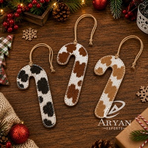 Adorno Navideño de Cuero Genuino de Piel de Vaca con Forma de Bastón de Caramelo, Precio de Fábrica al por Mayor, para Decoración Rústica de Árboles Navideños - Product Image 1