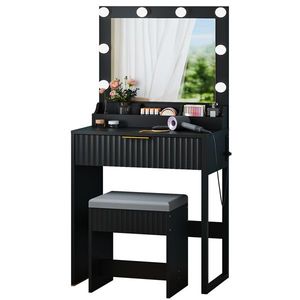 Set Toeletta Nera in Truciolato a 3 Scomparti con 1 Cassetto, 8 Lampadine Tricolore e Griglia Multipresa - Vanità per il Trucco - Product Image 3