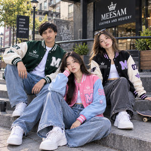 Blouson universitaire unisexe en coton, coupe classique, col montant, coupe-vent, avec patch lettres brodé et motif en relief, style preppy, automne - Product Image 1