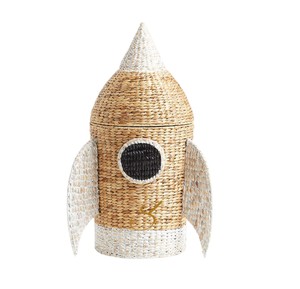 Rocket Ship Water Hyacinth Storage <b>Basket</b> <b>with</b> <b>Lid</b> Woven Spaceship Shaped Toy Organizer Bin for Kids Room - Product Image 2