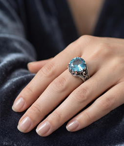 Anneaux en argent sterling 925 avec topaze bleue naturelle, bijoux classiques pour mariage et fiançailles, à porter tous les jours, cadeau d'anniversaire, unisexe - Product Image 3