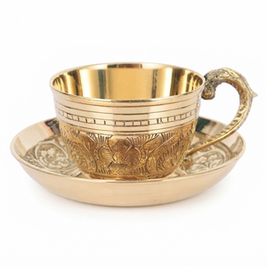 Juego de Taza y Platillo de Té de Latón Indio Tradicional, Taza de Café Vintage Grabada con Asa Ornamentada, Vajilla de Hotel, Juego de Regalo para Bebidas - Product Image 1