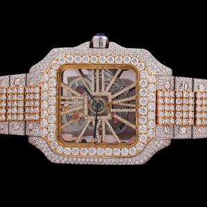 Superbe montre pour homme à cadran carré squelette, sertie de moissanite et de diamants exclusifs, bicolore, style mode hip-hop - Product Image 1