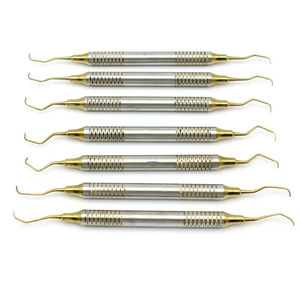 ชุดเครื่องมือกรีซีย์ คิวเร็ต สำหรับงานทันตกรรมปริทันต์ ด้ามจับกลวง สีทอง ปลายสองด้าน สำหรับอุดฟันด้วยวัสดุคอมโพสิต และเครื่องมือขูดหินปูนทางการผ่าตัด - Product Image 3