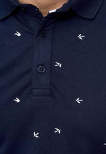 เสื้อโปโลแขนสั้นสีน้ำเงินกรมท่าสำหรับผู้ชาย พิมพ์ลายนกสีขาว ผ้าฝ้ายปิเก้ ลำลอง ระบายอากาศได้ดี ทอแบบถัก - Product Image 6
