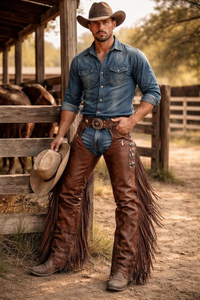 Pantalones vaqueros de cuero genuino para hombre, de talle alto, corte regular, con flecos y cierre de hebilla para montar a caballo - Product Image 6