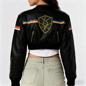 Women’s Cropped Varsity Motorcycle Jacket Custom Fashion Genuine Leather Sleeves, High-Quality Zippered Riding Jacket - Product Image 6