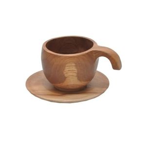 Wooden <b>Tea</b> <b>Cup</b> With <b>Saucer</b> Round Shape Minimalist Design Handle Natural Finish Rustic Drinkware Set - Product Image 1
