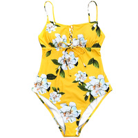 Tali Bahu Dapat Disesuaikan Motif Bunga Kuning, Satu Bagian, Bantalan Dapat Dilepas, Pakaian Renang Anak Perempuan, Bikini