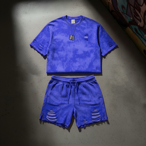 Custom Made Acid Washed Distressed Tshirts Oversized Blank 100 Cotton t Shirt and Shorts Set Men - Product Image 6