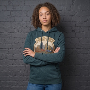 Sweat-shirt à capuche vert foncé pour femme Twin City avec logo doré imprimé sur le devant, coupe classique, pour l'automne - Product Image 5