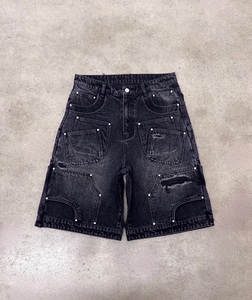 Shorts en jean noir délavé et usé |   Shorts en jean streetwear multi-poches |   Jean baggy déchiré |   Fabricant de Marques Privées OEM - Product Image 3