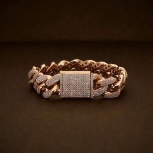 Men's 18K Solid Gold Chain Bracelet Round Brilliant Cut Diamond Micro Insert Hiphop Style Everyday Wear - Product Image 2