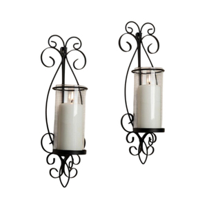 Lot de 2 appliques murales en fer noir, design élégant à motifs festonnés, porte-bougies en métal pour salon, chambre à coucher, salle à manger, prix raisonnable - Product Image 1