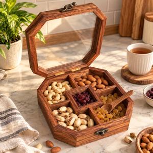 Hexagon Solid Wood Storage <b>Box</b> With Acrylic Lid Divided Compartments For Nuts Dried Fruits Tabletop Display Handmade - Product Image 4