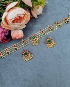 Floral Motif <b>Gold</b> Plated Multi Strand Choker And Earrings <b>Set</b> Ethnic Festive Wear <b>Jewellery</b> <b>Set</b> For Women Light Weight <b>Jewellery</b> - Product Image 4