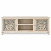 Meuble TV de Luxe Traditionnel Européen en Bois de Mangue de Qualité Supérieure, Écologique, Sculpté à la Main avec Motif Éléphant, Style Ferme pour Hôtel