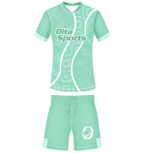 Ensemble short et maillot de rugby vert menthe et blanc, manches courtes, col en V, uniforme d'équipe géométrique, personnalisable, respirant, pour entraînement sportif - Product Image 1