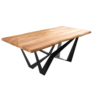 Table de salle à manger et de cuisine en bois d'acacia naturel, forme irrégulière, finition métallique industrielle noir mat, pieds araignée, bords naturels courbés - Product Image 1