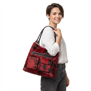 Sac fourre-tout d'épaule en cuir de vachette à poils pour femme, sac de transport haut de gamme en cuir de vachette à poils, sac à main en cuir de vachette à poils pour femme avec poches avant - Product Image 5