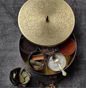 United Creations WD-1 <b>Oriental</b> Brass Luxury Design Eco-Friendly Double Wall Spice Box Lid Multiple Compartments Masala Storage - Product Image 1
