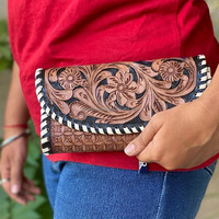 Tas tangan berukir dompet modis warna Pirus untuk wanita dompet kulit barat Clutch casing ponsel Multi guna