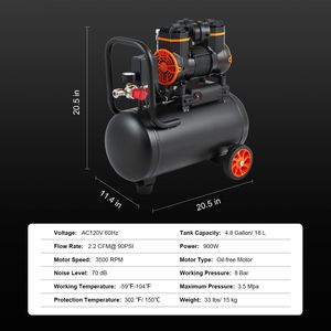 Compressore d'Aria Ultra Silenzioso 1.2HP 2.2 CFM@90PSI, Serbatoio Senza Olio da 4.8 Galloni, Pressione Massima 116PSI, 70 DB - Product Image 6