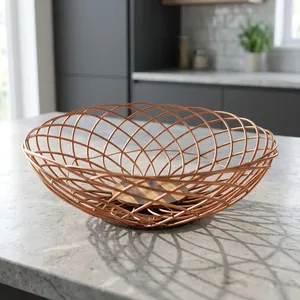 Geometric Wire Fruit Bowl with Wooden Base Copper Finish Modern Decorative Metal <b>Basket</b> Premium Table Centerpiece for Kitchen - Product Image 5