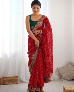 Sari Tradicional KV de Georgette con Bordado y Adornos Estilo Bollywood, para Fiestas, Reversible y Sin Arrugas - Product Image 4