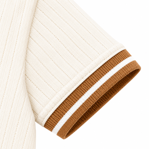 Kids Boys <b>Cream</b> Ribbed Knitted Polo Shirt Oversized Contrast Brown Stripe Collar Short Sleeve Casual Cotton Summer Fashion Top - Product Image 5