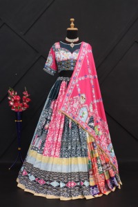 Designer Pink Black Printed Lehenga <b>Choli</b> with Dupatta for Women | Navratri <b>Chaniya</b> <b>Choli</b> | Traditional Ethnic Wear - Product Image 5