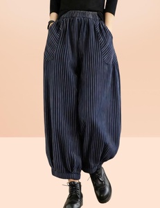 Women's High Waisted Striped <b>Harem</b> Pants Cotton Bamboo Fiber Loose Fit Ankle Length Elastic Waist Casual Autumn <b>Trousers</b> - Product Image 2