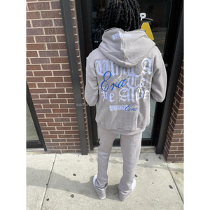 Sudaderas con capucha con cremallera completa y pantalones de chándal apilados acampanados conjunto de chándal de dos piezas personalizar algodón Puff estampado mujeres Unisex chándal hombres - Product Image 3