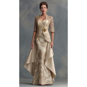 Vestido de encaje color champán con sobrefalda desmontable y bolero, conjunto formal de tres piezas para la noche. - Product Image 1